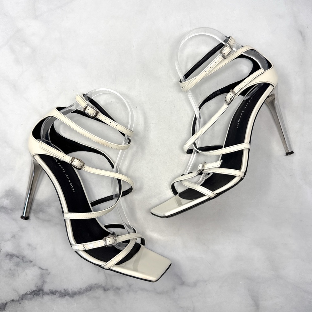 Giuseppe Zanotti Patent Leather Strappy Square Toe Metal Stiletto Heel Sandals